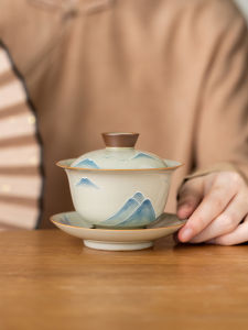 Hand-Painted Large Size Gongfu Tea Brewing Ceramic Bowl Chinese Style Tea Cup Set Drawing Continuation Grass Ash Three Elements