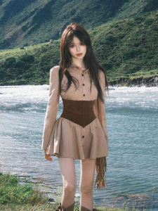 พรางหุ่น เอว แขนยาว เดรสเชิ้ต Retro French ชิค ดีไซน์ สําหรับหญิงสาว อินเทรนด์ ชุดทํางานเย็บปะติดปะต่อ กระโปรงสั้น