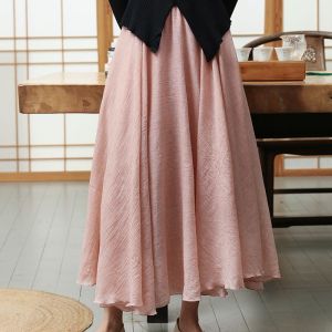 Double Layer Cotton Linen Skirt Womens New Summer Chinese Style Zen Artistic Loose Waist Long Skirt High Waist Midi Skirt