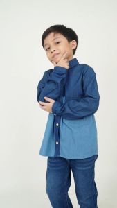 Forest Kids Boys Chambray Denim Collar Long Sleeve Shirt | Baju Budak Lelaki Lengan Panjang - FK20255