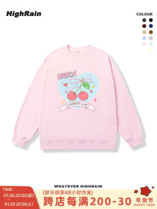 High Rain Sweet Cherry Heart Printed round Neck Sweatshirt Womens Loose Fit Comfortable Korean Style Pink Top Trendy Streetwear