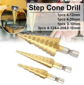 ดอกสว่าน ทรงเจดีย์ ร่องตรง เจาะขยาย คว้านรู ดอกสว่านขั้นบันได Step Drill เคลือบไทเทเนี่ยม ดอกใหญ่ ขนาด 4-20/4-12/3-12 จํานวน 3 ชิ้น