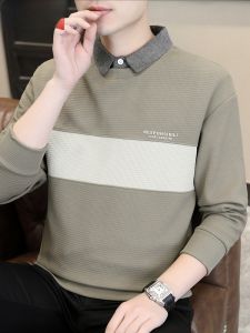 HENGYUANXIANG | Hengyuanxiang Dad Style Long Sleeve T-Shirt Mens Autumn Winter Color Block Striped Base Shirt Loose Fit Anti-Wrinkle Polyester