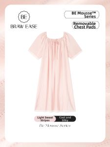 BE | Ice Silk Bra Padded Short Sleeve Lace Striped Pink Summer Nightgown