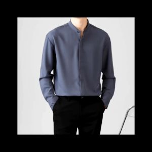 Korean Hidden buckle Chinese collar Long sleeve Shirt Plain Business Casual Tops