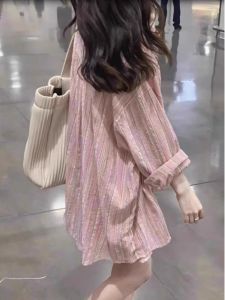 Spring New Fashion French Style Lightweight Maturity Pink Striped Long-sleeved Shirt