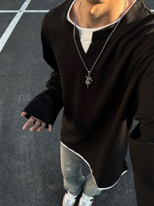 เสื้อสเวตเตอร์คอวีแขนยาวสีดำสไตล์อเมริกันสำหรับผู้ชาย Cleanfit ทรงหลวม ผ้าฝ้ายผสมโพลีเอสเตอร์ ฤดูใบไม้ร่วง 2025