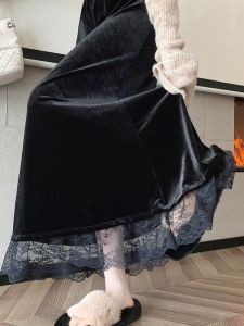 กระโปรงยาวปานกลางผ้ากำมะหยี่สีดำ กระโปรงทรงเอเอวสูง กระโปรงทรงหางปลา กระโปรงผ้าลูกไม้สีดำ กระโปรงทรงเอสำหรับผู้หญิง ฤดูใบไม้ร่วง/ฤดูหนาว