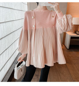 New Spring Autumn Round Neck Ruffled Loose Maternity Dress & Supportive Pants Set