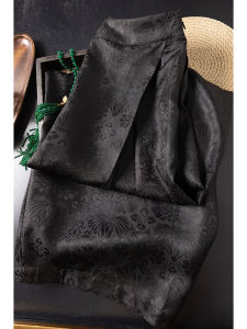 New Chinese Style Large Size Casual Pants Long Pants Floor Length Silk Xiangyun Sha Embroidered Lotus Leaf Design High Waist Straight Leg