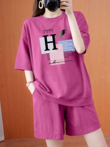 plus Size Womens Pure Cotton Loose Casual Sports Set Summer New Style Pink Short Sleeve Shorts Two Piece Set Comfortable Fashion