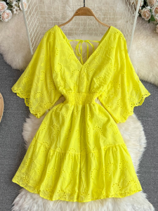 Beach Vacation Floral Embroidery Slimming Waist V-Neck A-Line Hollow out Summer Midi Dress Korean Style Loose Waist Dress