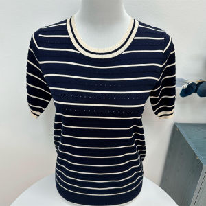 Young Mom Summer Thin Ice Silk Stripe Short Sleeve Knitted T-Shirt Midlife Womens Fashionable Top Age-Defying Casual Wear