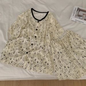 เซ็กซี่ฤดูร้อนดอกไม้พิมพ์ชุดนอนสําหรับสตรี Crewneck Lace Back Up สไตล์ Pure Desire ตาข่ายเสื้อผ้า