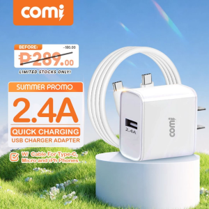 COMI BC210 2.4A Fast Charging USB Universal Smart Wall Charger Adapter W/ 1 Meter Data Cable for Micro / Type-C / iPh