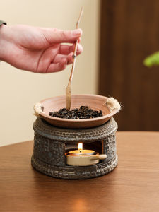 Retro Glazed Ceramic Tea Pot Candle Heating Base Incense Burner Tea Warmer for Tea Ceremony Zen Style