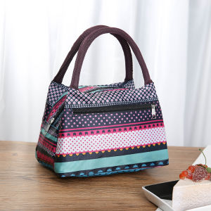 Fashionable Mini Canvas Handbag Womens Handbag Lunchbox Bag Trendy Retro Print Soft Handle Zipper Closure Casual Style