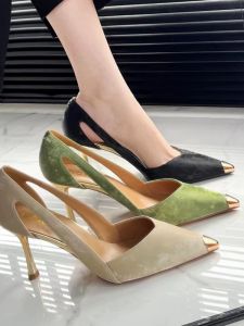 รองเท้าส้นสูงแบบสวมข้างเดียวสำหรับผู้หญิง ทรงหัวแหลม ทรงสวมสบาย สไตล์ฝรั่งเศส แฟชั่นฤดูร้อน 2024 รองเท้าส้นเดี่ยวแบบสวมสบาย