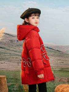 Girls Winter Padded Cotton Jacket Thickened Hooded Red down Cotton Clothes Princess Style Coat for New Year Kids Fashionable Outfit