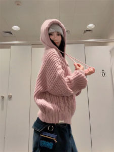 Chic Sweet Pink Twist Loose Long Sleeve Hoodie Womens Casual Atmosphere Spring Autumn Trendy Knitted Sweater Comfortable Cotton