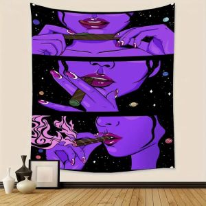 VIKAMA Trippy Tím Pop Art Tấm Thảm Ảo Giác Galaxy Xì Gà Người Phụ Nữ Thiết Kế Treo Tường Neon Polyester Trang Trí Cho Phòng Khách Phòng Ngủ