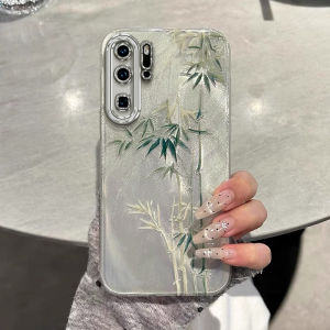 Elegant Bamboo Feather Shockproof Huawei P30Pro Phone Case Womens Version with Stand Protective Cover Simple Curved Screen Design