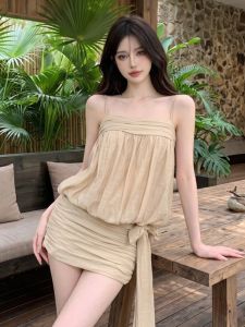 GUZILIAN | Strappy Waist-Tie Bow Bustier Floral Short Dress