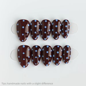 10pcs Handmade Brown Blue Polka Dot Press on Nails Almond Long Wearable Reusable Cute False Nails 2026