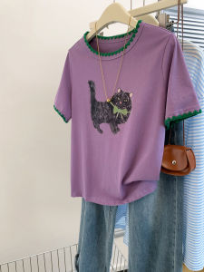 Summer Purple Cat Design Loose Womens Short Sleeve T-Shirt Korean Style Creative Pattern Half Sleeve Top Fashionable Commute