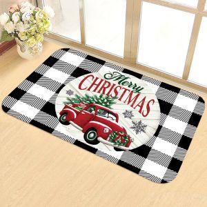 VIKAMA Buffalo Check Christmas Kitchen Mat Retro Red Truck Merry Christmas Non Slip Entryway Rug Washable Festive Home Decor