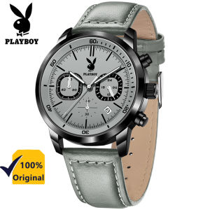 นาฬิกาเพลย์บอยสำหรับกันน้ำผู้ชายควอตซ์ปฏิทินเรืองแสง24ชั่วโมงแสดงเวลานาทีวินาทีนาฬิกากีฬาสายหนัง