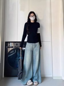 High Waist Wide Leg Jeans Women Loose Fit Long Vintage Denim Pants Floor Length Drapey Slimming Effect for Taller Ladies