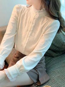 เสื้อเชิ้ตคอตั้งสไตล์ฝรั่งเศสสำหรับผู้หญิง ฤดูใบไม้ร่วง 2025 แฟชั่นใหม่ เสื้อเชิ้ตแขนยาวสุดเก๋ ดีไซน์เก๋ไก๋ เสื้อเชิ้ตทรงเข้ารูป