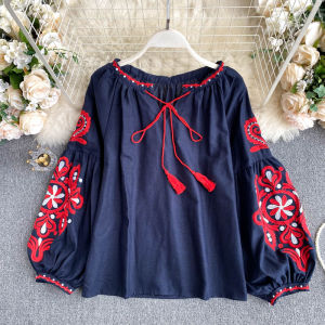 Áo Blouse Cổ V Dân Tộc Thêu Đầy Đủ Có Rơi