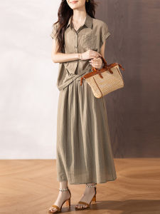 Summer 2025 Womens Fashion Casual Midi Skirt Set Elegant Short Two-Piece Suit High Waist Button up Cardigan Polo Neck Line