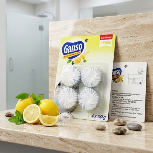 Ganso Toilet Cleaning Blocks (Lemon Fragrance) – 4 x 50g In-Cistern Deodorizer & Automatic Bowl Cleaner with Water-Soluble Protective Film A2