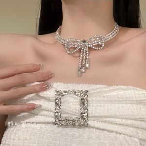 Elegant Original Butterfly Knot Tassel Necklace with Sparkling Diamonds Vintage Girl Style Adult Neck Chain Silver Color