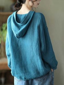 Womens Loose Large Size Hemp Sun Protection Coat with Hood Thin Nine-Quarter Sleeve Open Cardigan Air Conditioning Shirt