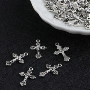 50Pcs Engraved Grapes and Leaves Design Charms Crucifix Jesus Christ Jerusalem Cross Pendants for DIY Making Accessories Silver Color