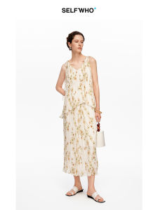 Chinese Style Vacation Print Pleated V-Neck Vest