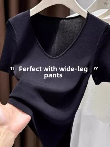 Ice Silk V-Neck Black Short Sleeve Thin T-Shirt