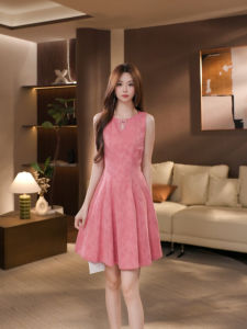 DENGLIULIU | New Chinese Retro Pink Waist Slimming Long Dress