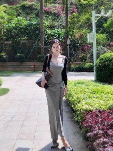 Gray Knot Design Slimming Womens Dress Micro plus Size High Waist Long Skirt Korean Style Commute Casual Summer Fashion