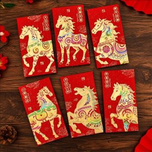 Yespery 12 CÁi Túi tiền lì xì năm mới của Trung Quốc Phong Bì Màu Đỏ ngựa năm 2026 lá kim long lanh dập nổi lễ hội gói màu đỏ angpao