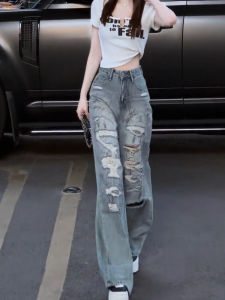 กางเกงยีนส์ทรงตรงเอวสูงทรงหลวมสำหรับผู้หญิง ฤดูใบไม้ผลิ 2025 กางเกงขายาวทรงตรงลำลองสำหรับผู้หญิง ทรงสลิมฟิต