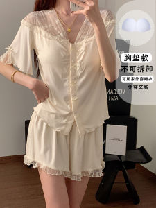 ชุดนอนผู้หญิงแขนสั้นคอตตอนโมดอลลายลูกไม้สีเหลือง ชุดนอนฤดูร้อน ชุดนอนผู้หญิงแบบสวมหัว ชุดนอนผู้หญิงแบบลำลอง