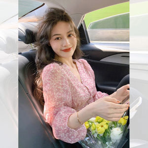 PAIBOLI | Elegant Pink Floral Print Short Shirt V-Neck Bubble Sleeve Womens Summer Fashion Korean Style Commute Wind Blouse Top