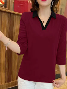 เสื้อยืดแขนยาว ผู้หญิง Pure ผ้าฝ้าย ทรงฟิต หลวม ปกเสื้อพับได้ ปกเสื้อ สีพื้น ทันสมัย ฤดูใบไม้ผลิ ฤดูใบไม้ร่วง สไตล์ใหม่ พรางหุ่น หลากหลาย รุ่นท็อป