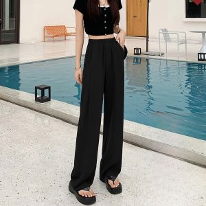 YAMIANNV | Quần ống rộng bằng lụa băng thoáng khí cho nữ cỡ lớn quần dài ống đứng mỏng quần tây quần dài mùa hè