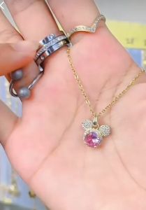 Kalung Titanium Wanita Model Liontin Micky Mouse Ungu Anti Karat Korean style Aksesories Perempuan Harian Mewah Anti Karat